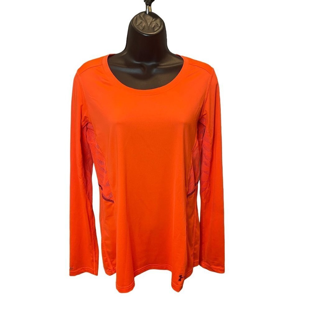Under Armor Heat Gear Orange Vented Pullover Athletic Top Purple Accents Sz M